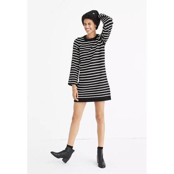 NEW Madewell Button Sleeve Striped Sweater Dress Small‎ True Black White Wool - Picture 1 of 8
